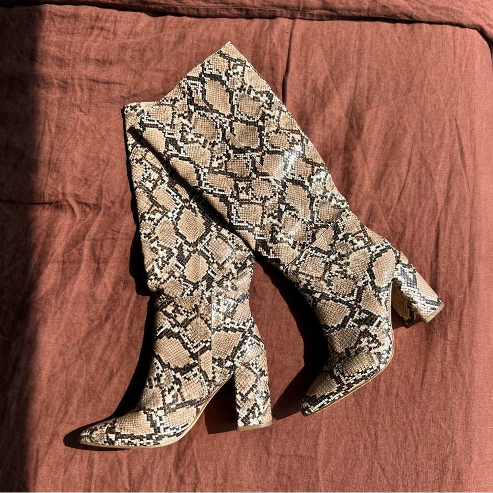 Faux snakeskin knee-high boots